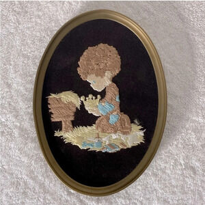 Vintage Ecstasy Giftware Brown Velvet Embroidered Oval Framed  Art